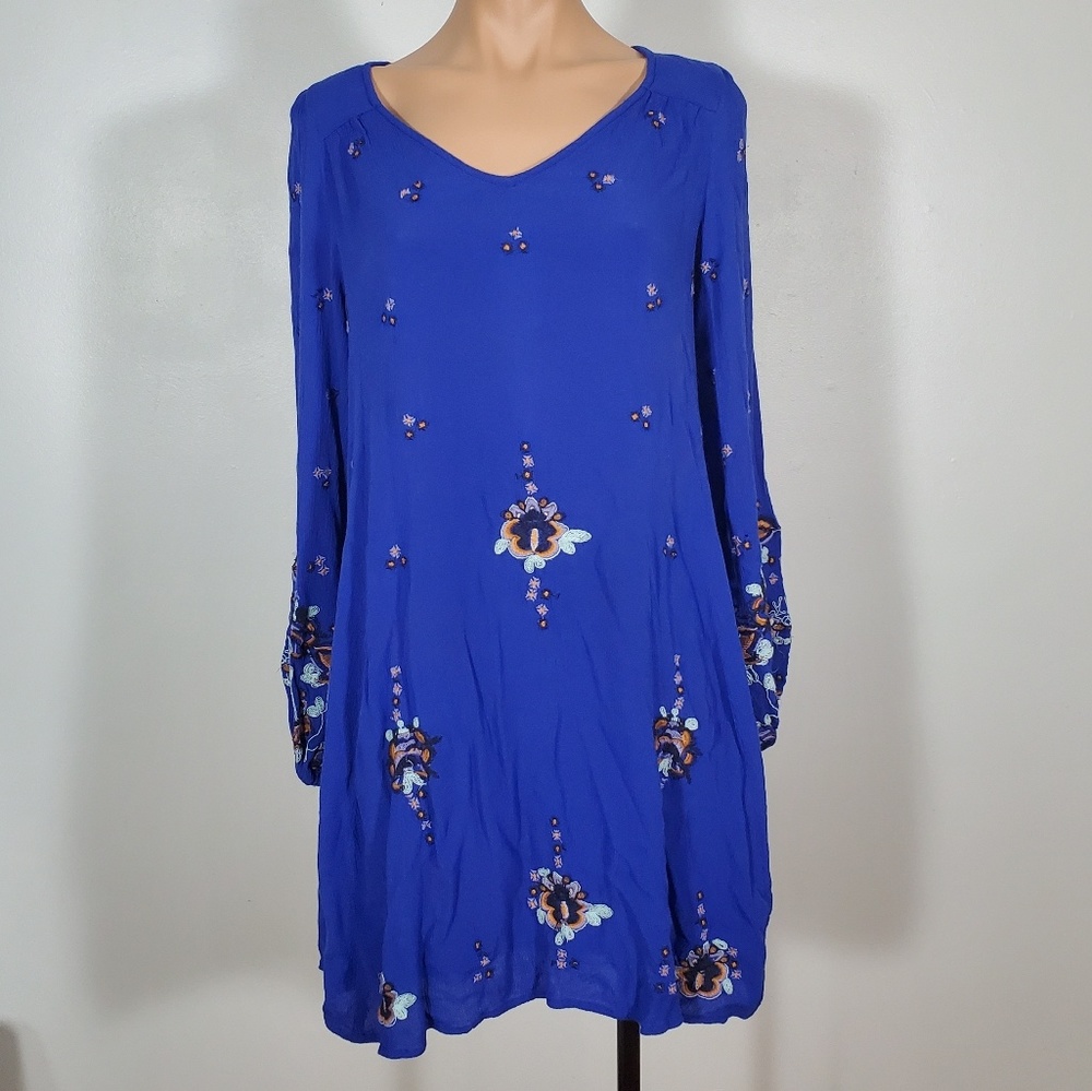 Anthropologie Royal Blue Embroidered Swing Dress